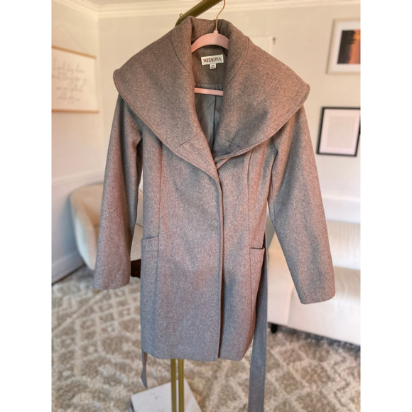Merona Wool Wrap Coat Belt Gray Wide Collar S Parisian Scandi Preppy Old Money - Picture 2 of 9